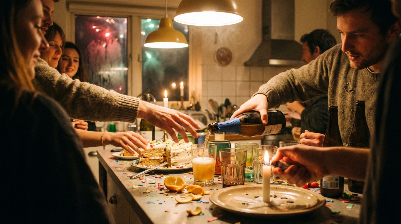 AI video production example showing photorealistic friends celebrating at a party for beverage brand concept testing