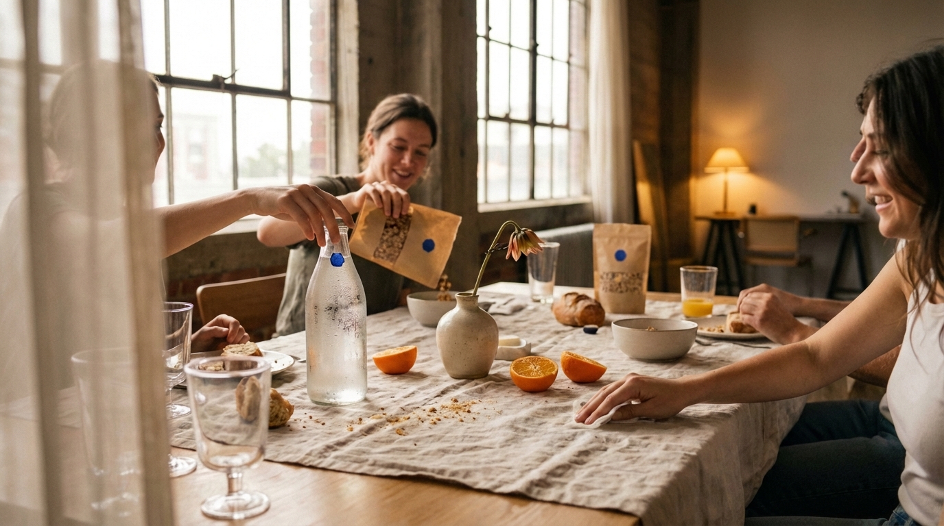 AI video production studio output: brunch scene with friends and branded product in natural light