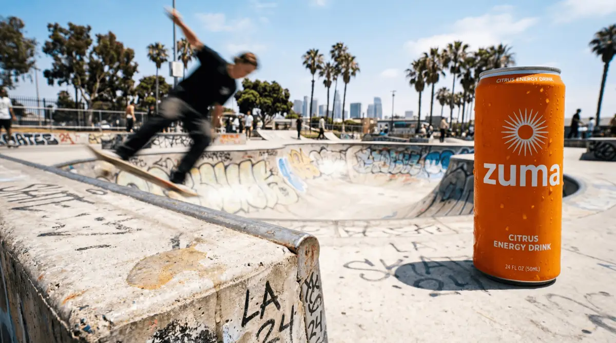 AI-localised energy drink ad with skateboarder at LA skatepark — example of adapting an existing campaign for a new market