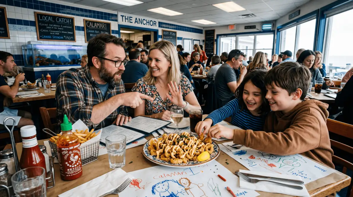 AI-localised ad showing family laughing over calamari at a seaside restaurant — dubbing and lip sync example for English-speaking market