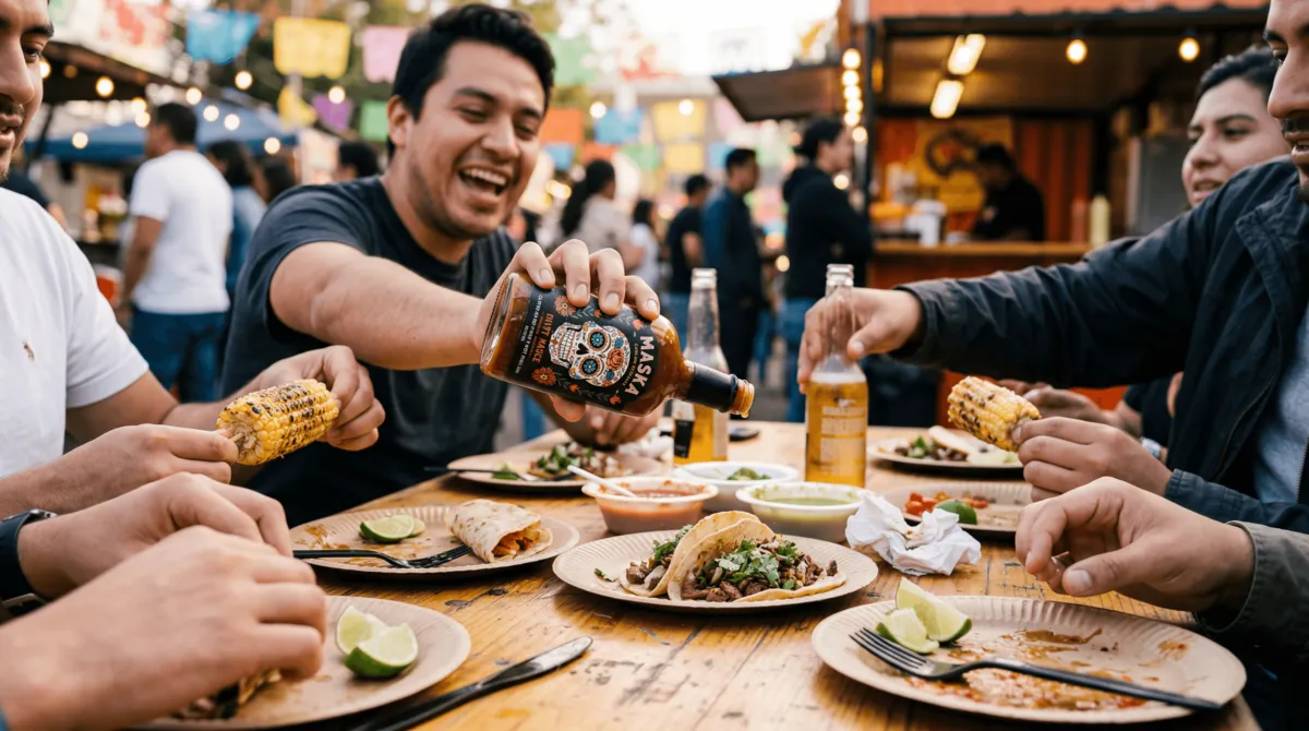 AI-localised ad showing friends sharing food and drinks at a street market — cultural re-casting example for Latin American market