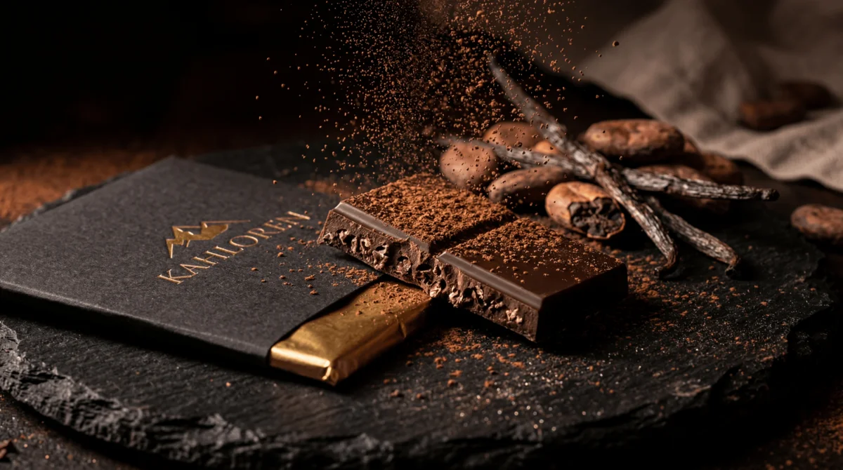AI-localised premium chocolate brand campaign with artisan dark chocolate bar and cocoa beans — adapted for luxury confectionery market