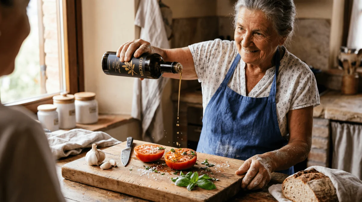 AI-localised olive oil brand campaign showing grandmother cooking with fresh ingredients in rustic Mediterranean kitchen
