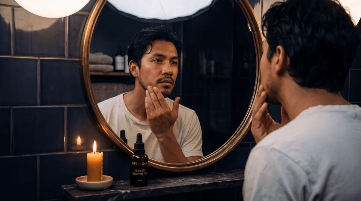 AI-localised men's grooming brand campaign showing man applying recovery oil in bathroom — adapted for male personal care market