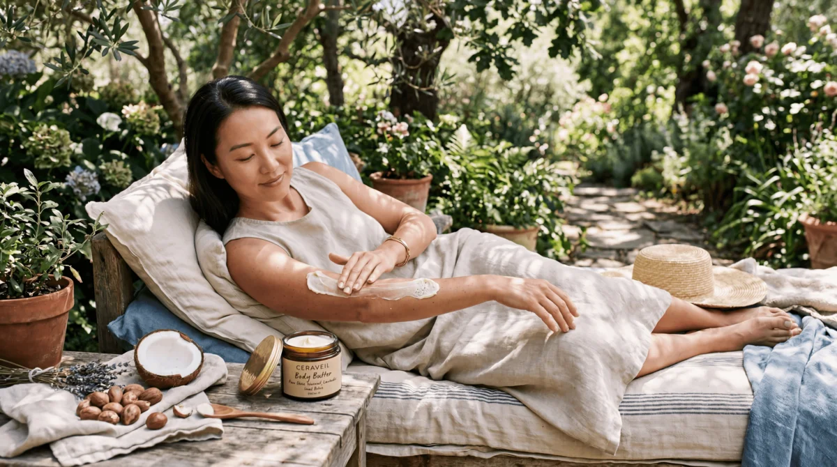 AI-localised natural skincare brand campaign showing woman reclining outdoors applying body butter in a sunlit garden setting