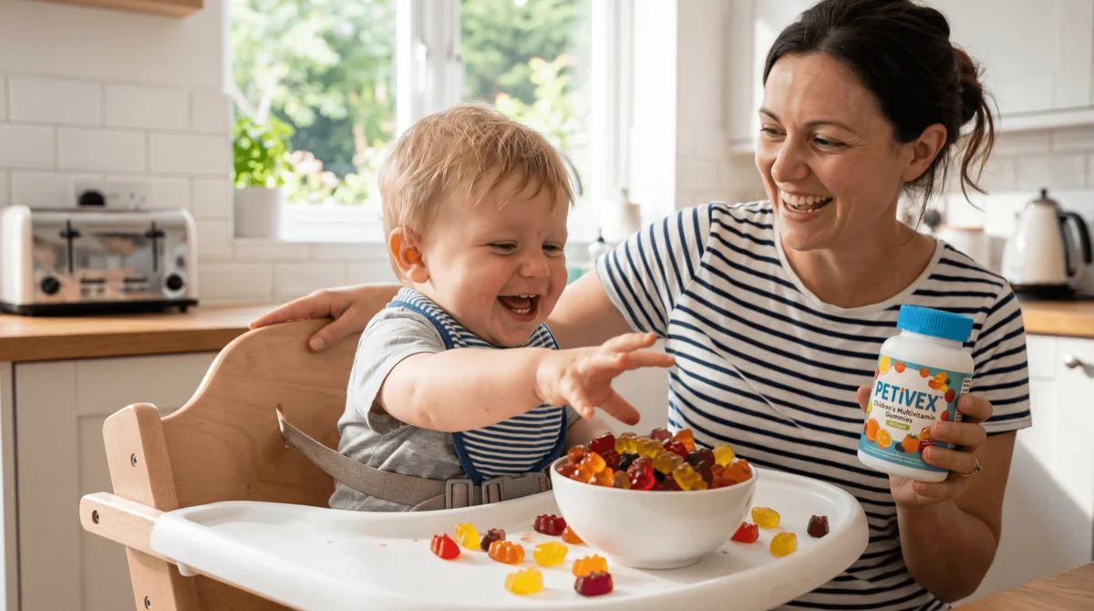 AI-localised children's vitamin brand campaign with mother and toddler in kitchen — adapted for family health product market testing