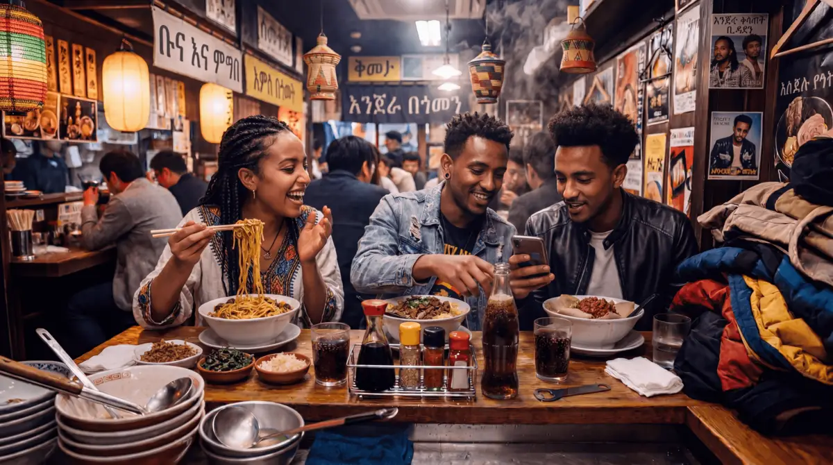 AI-localised ad showing friends enjoying noodles at a vibrant East African restaurant — multimarket animatic testing example